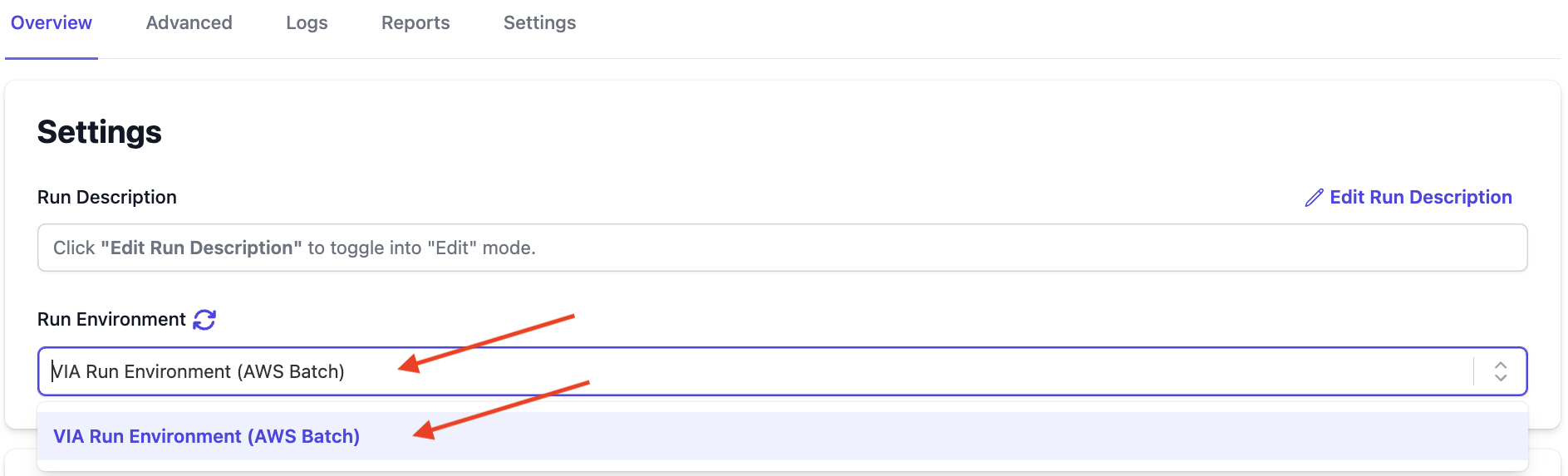 Image showing run environment selection