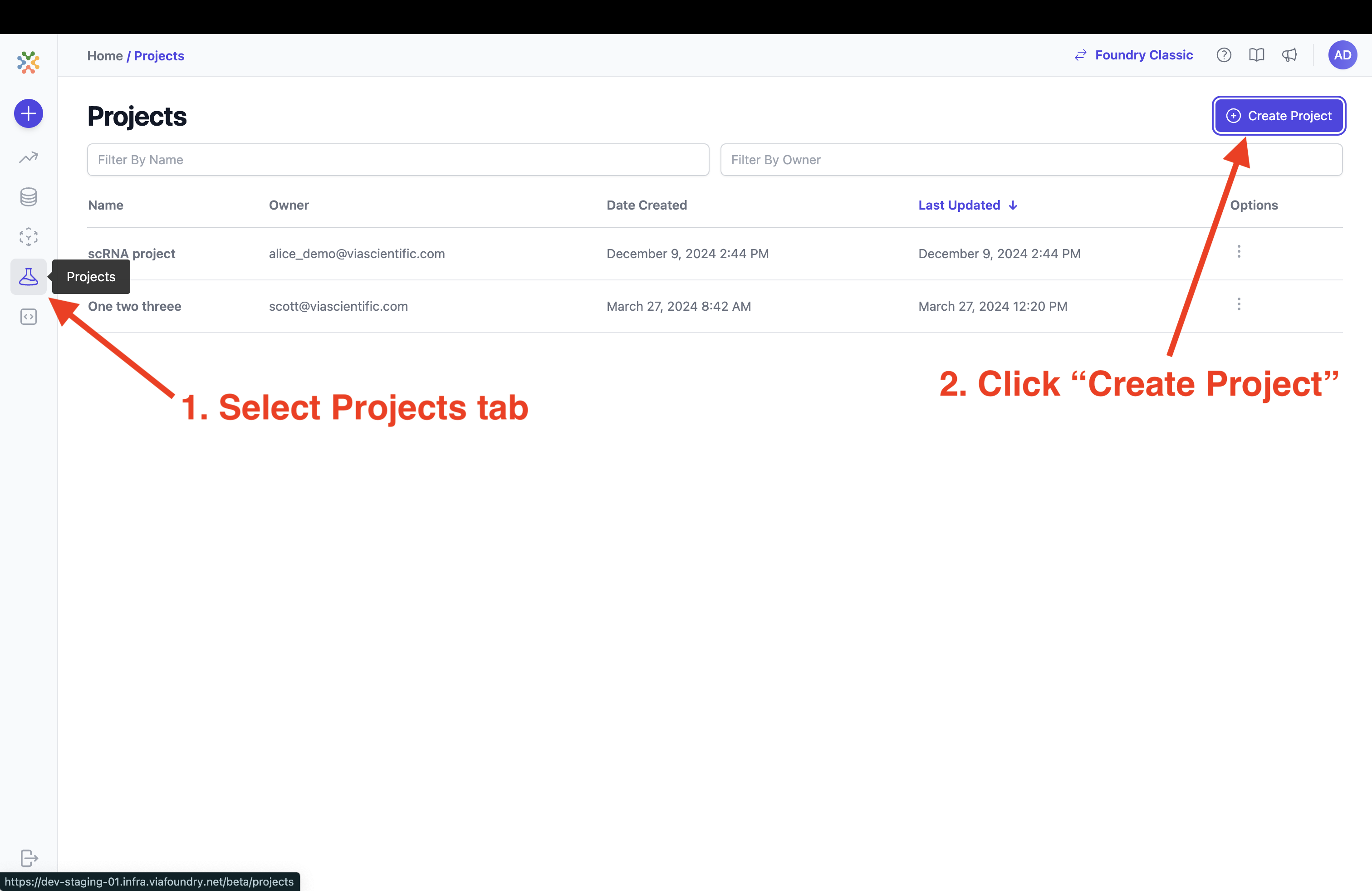 Create Project from Project page