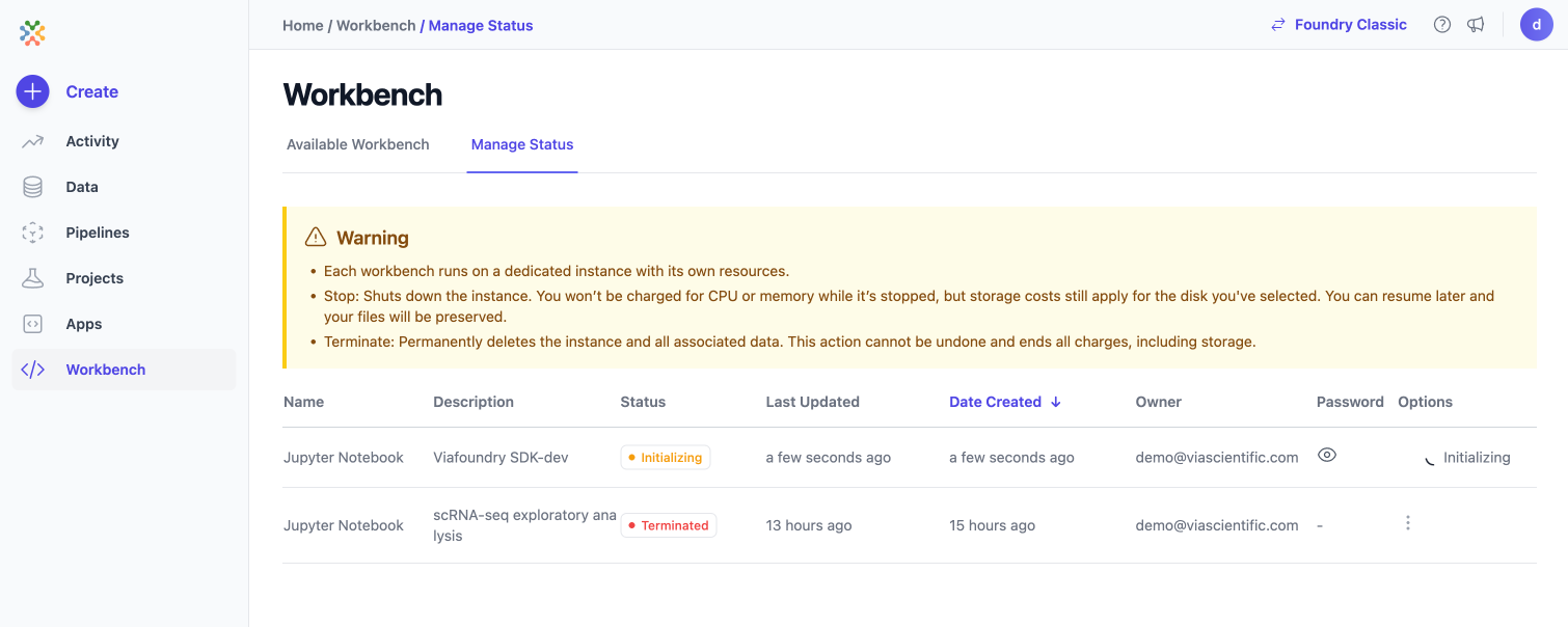 Workbench Manage Status Page
