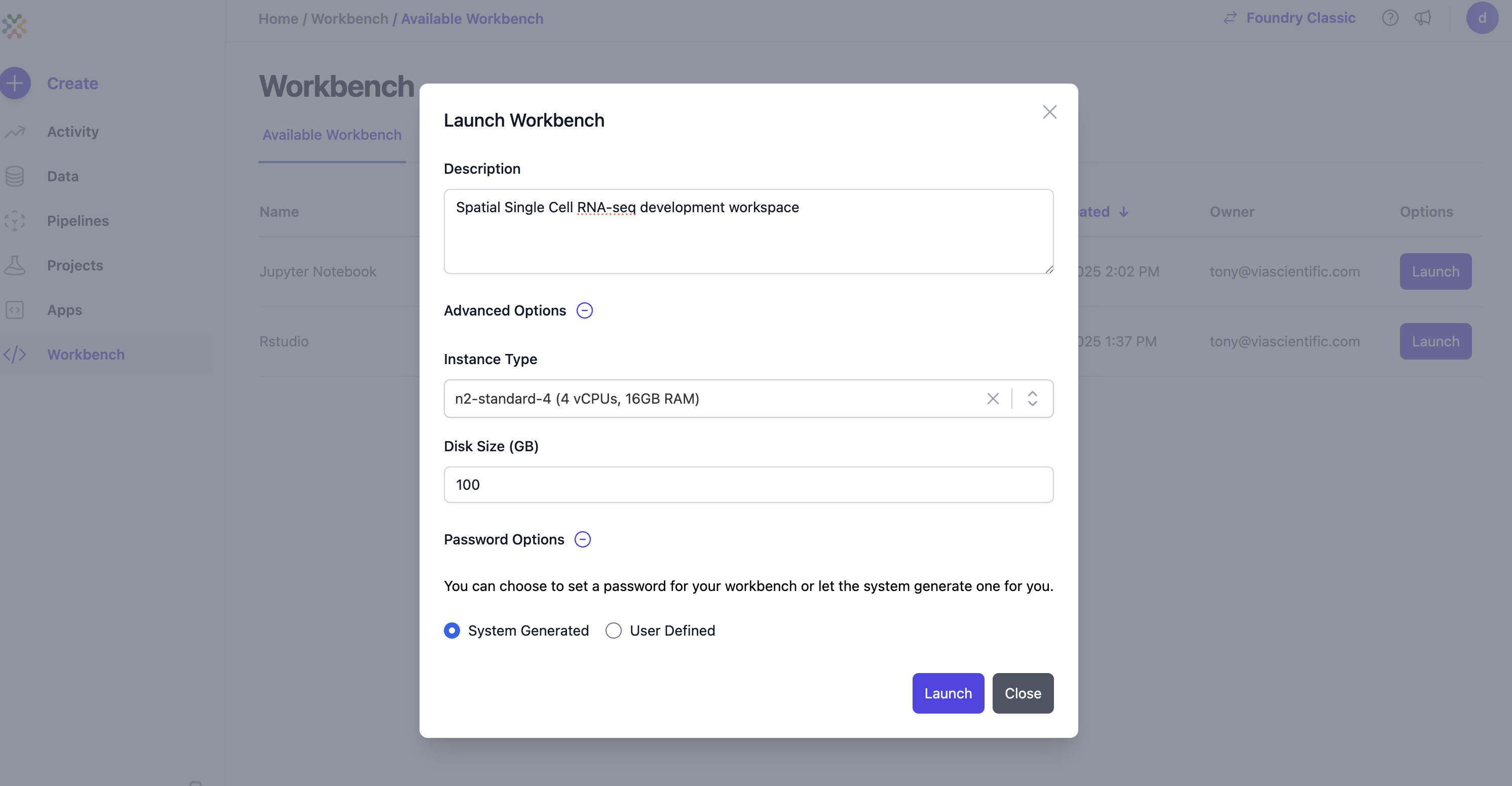 Workbench Manage Status Page
